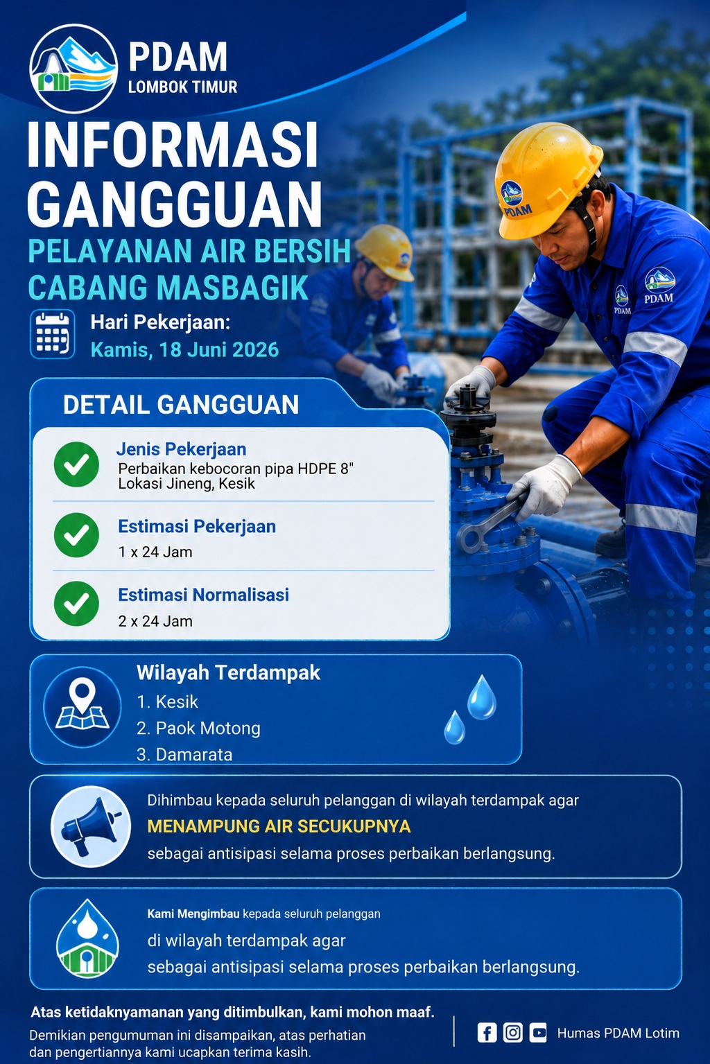 PERBAIKAN KEBOCORAN PIPA WILAYAH CABANG MASBAGIK