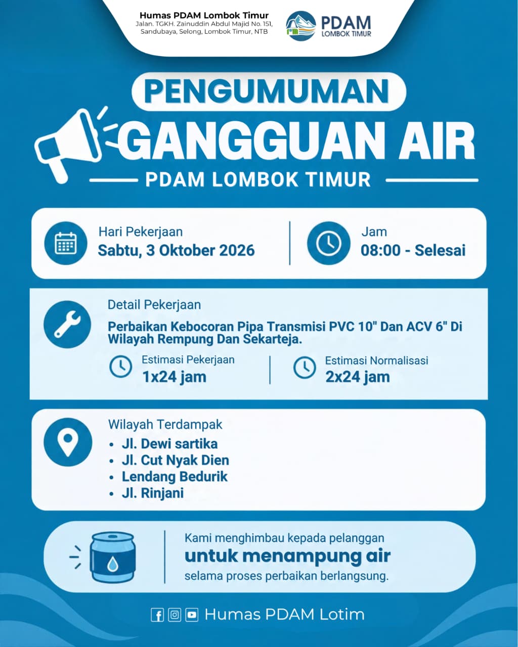 PERBAIKAN PIPA TRANSMISI PVC 10" DAN ACV 6" WILAYAH REMPUMG DAN SEKARTEJA